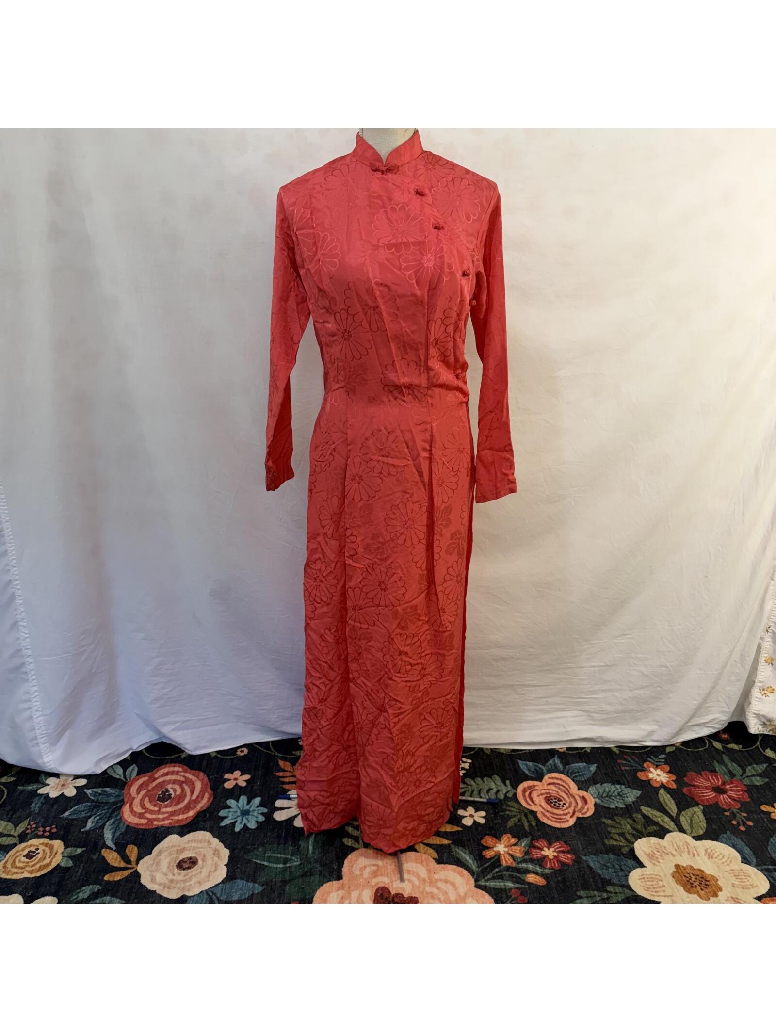 Silk Salmon Pink Floral Print Cheongsam 1960s Vintage
